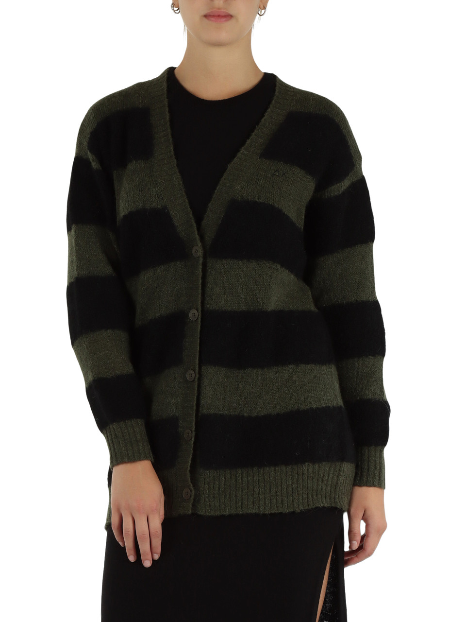 VERDE SCURO | Cardigan a righe in misto lana merino e alpaca