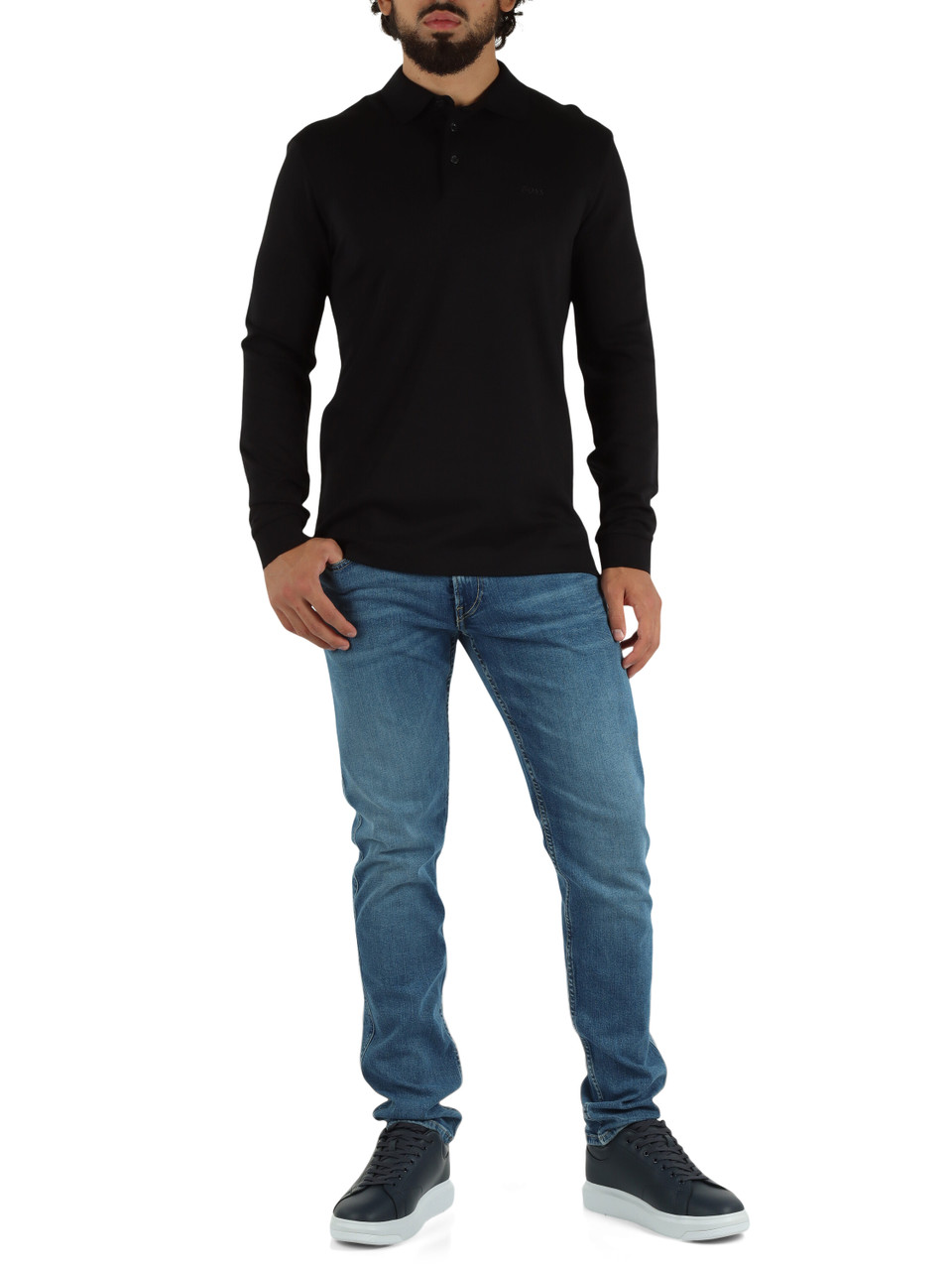 NERO | Polo manica lunga in cotone con ricamo logo