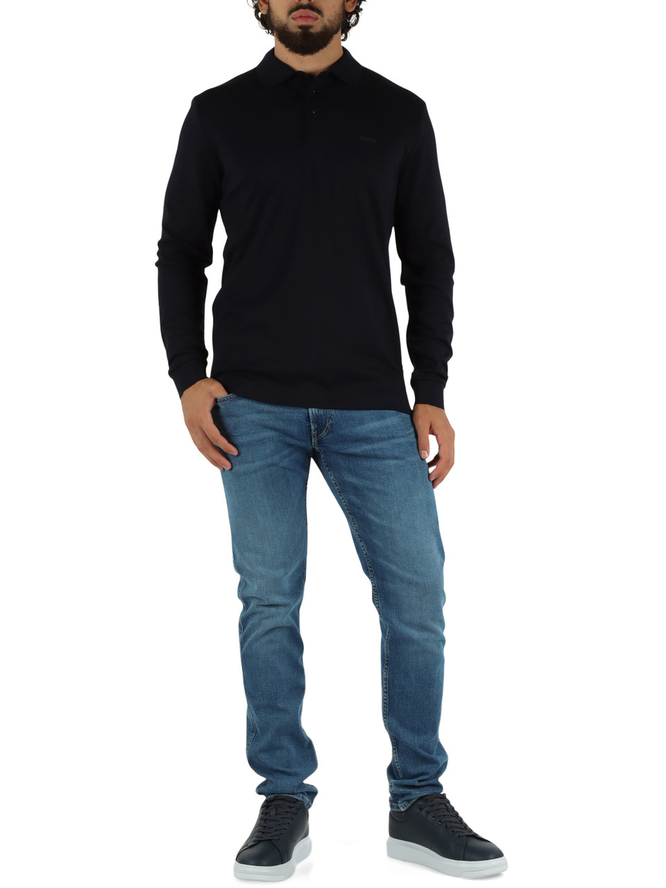 BLU SCURO | Polo manica lunga in cotone con ricamo logo