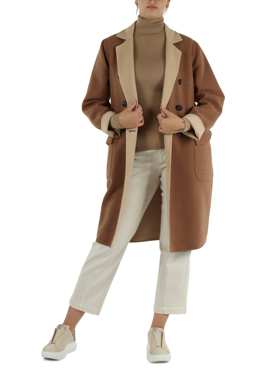 MARRONE CHIARO | Cappotto reversibile in lana