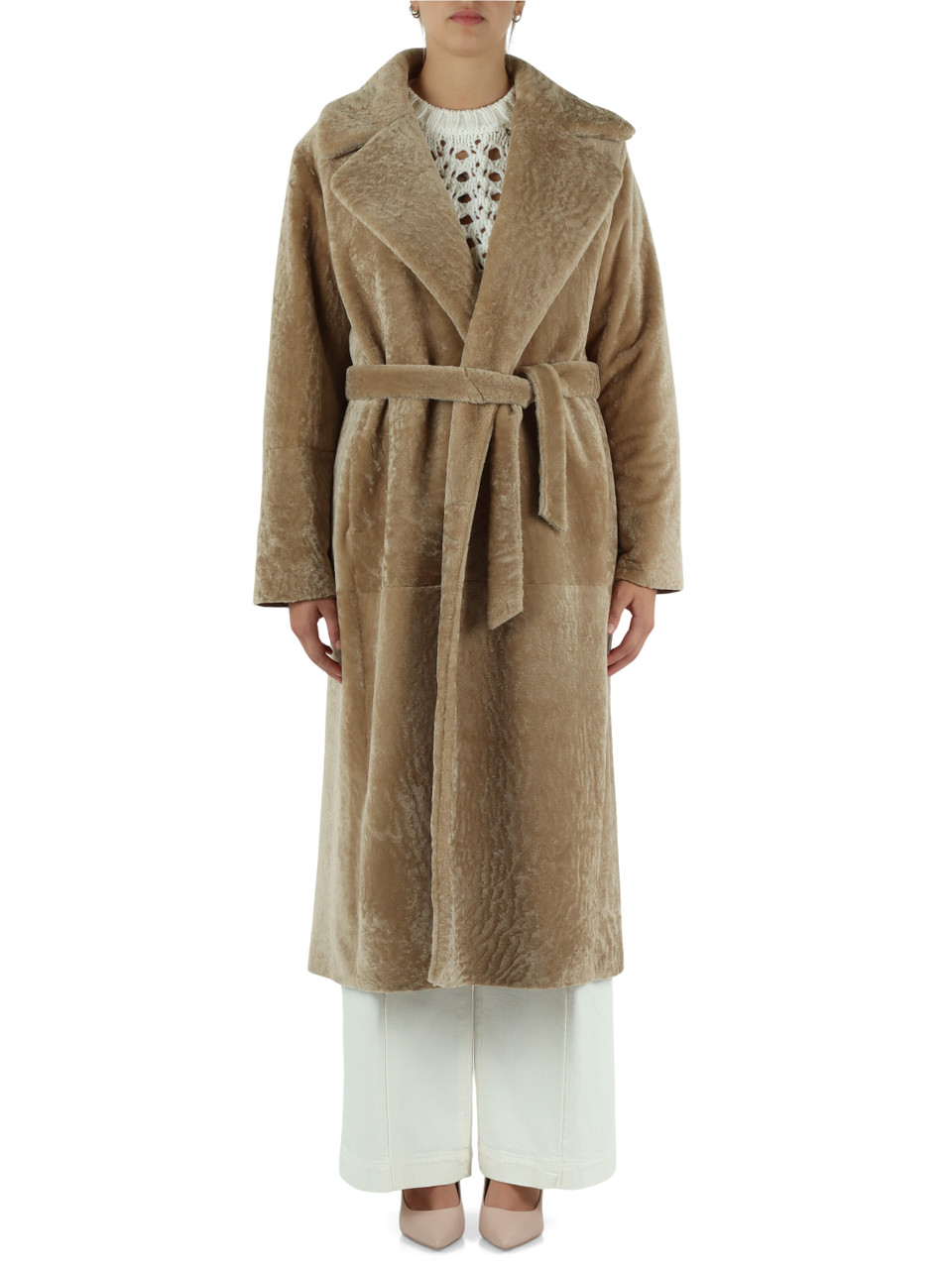 BEIGE | Cappotto lungo in vera pelliccia con cintura