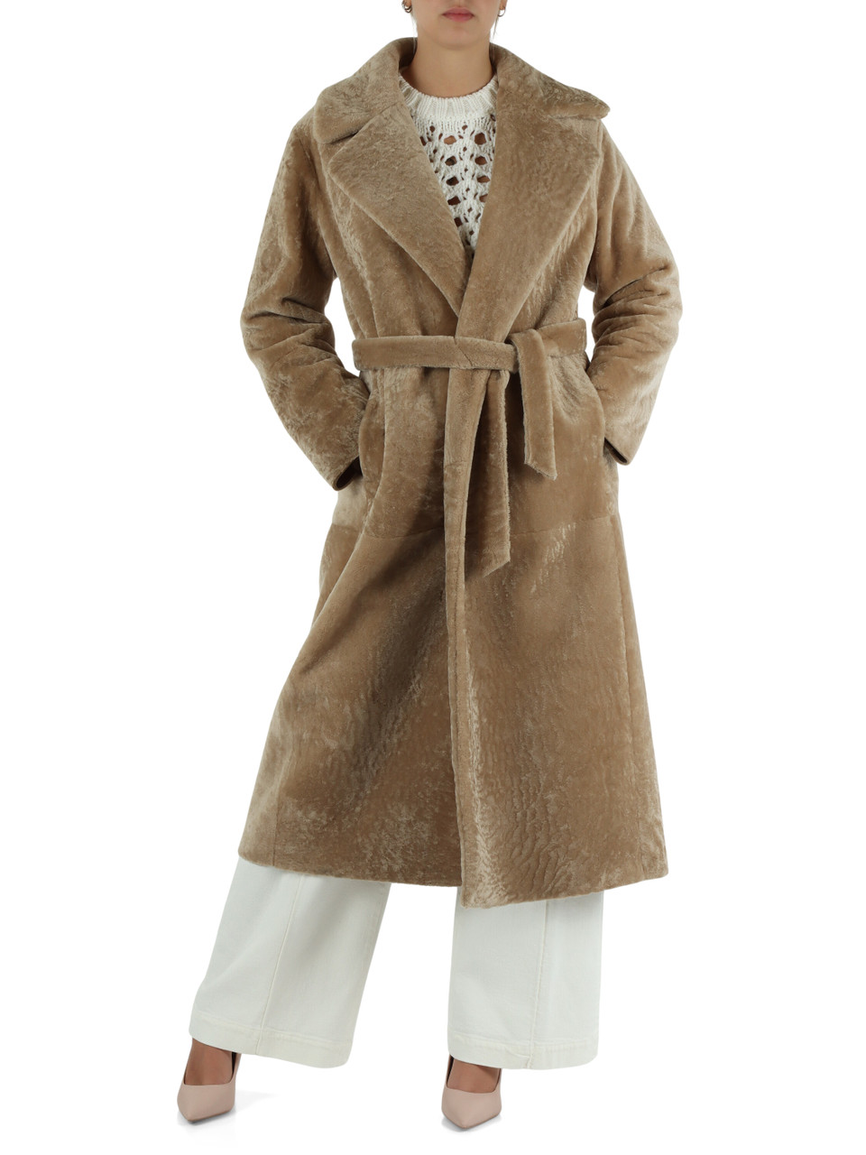 BEIGE | Cappotto lungo in vera pelliccia con cintura