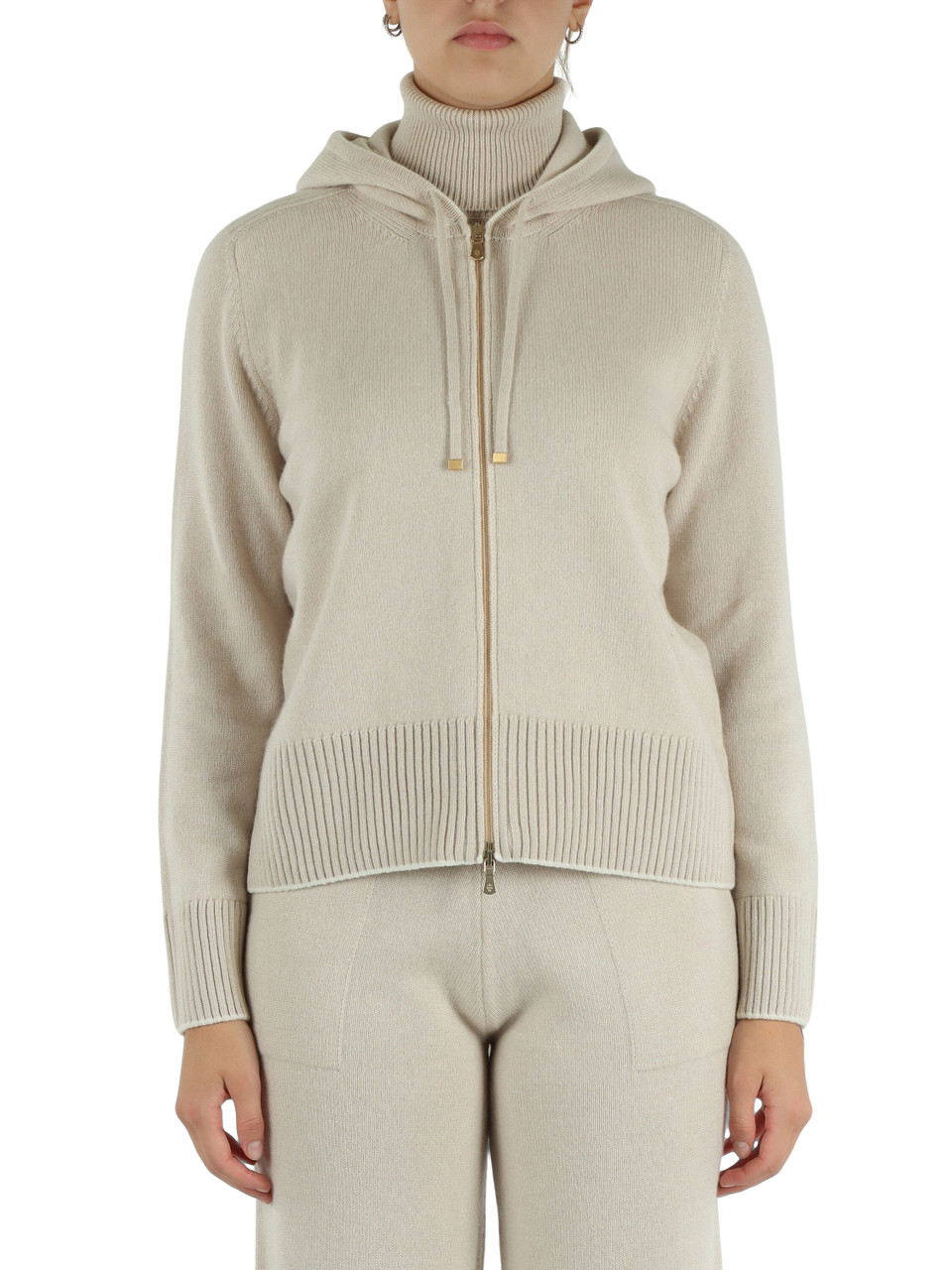 BEIGE | Cardigan in cashmere con zip e cappuccio