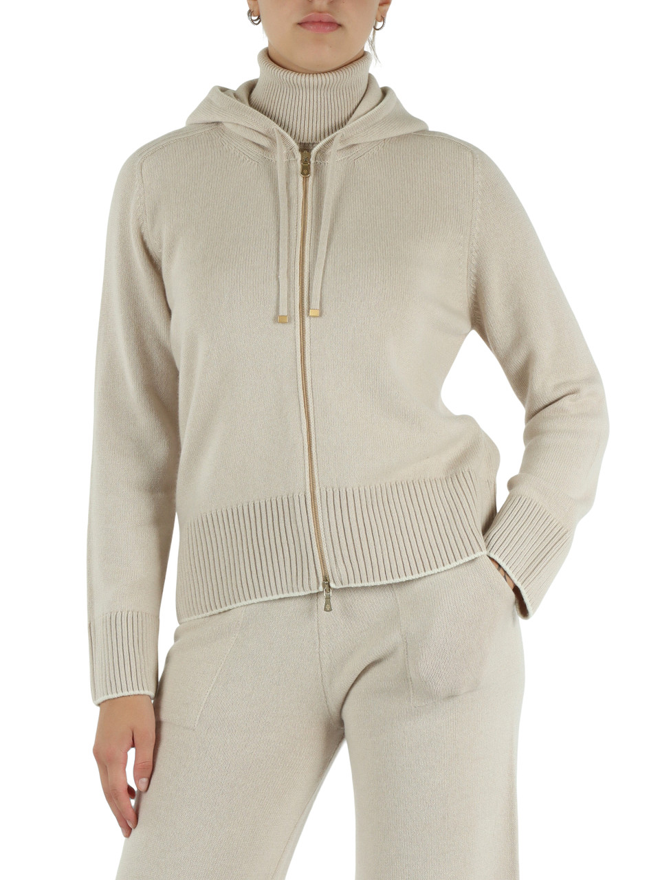 BEIGE | Cardigan in cashmere con zip e cappuccio