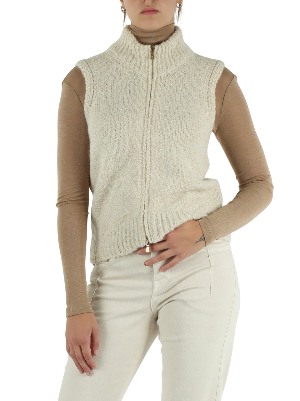 BEIGE | Gilet collo a lupetto con zip in misto alpaca