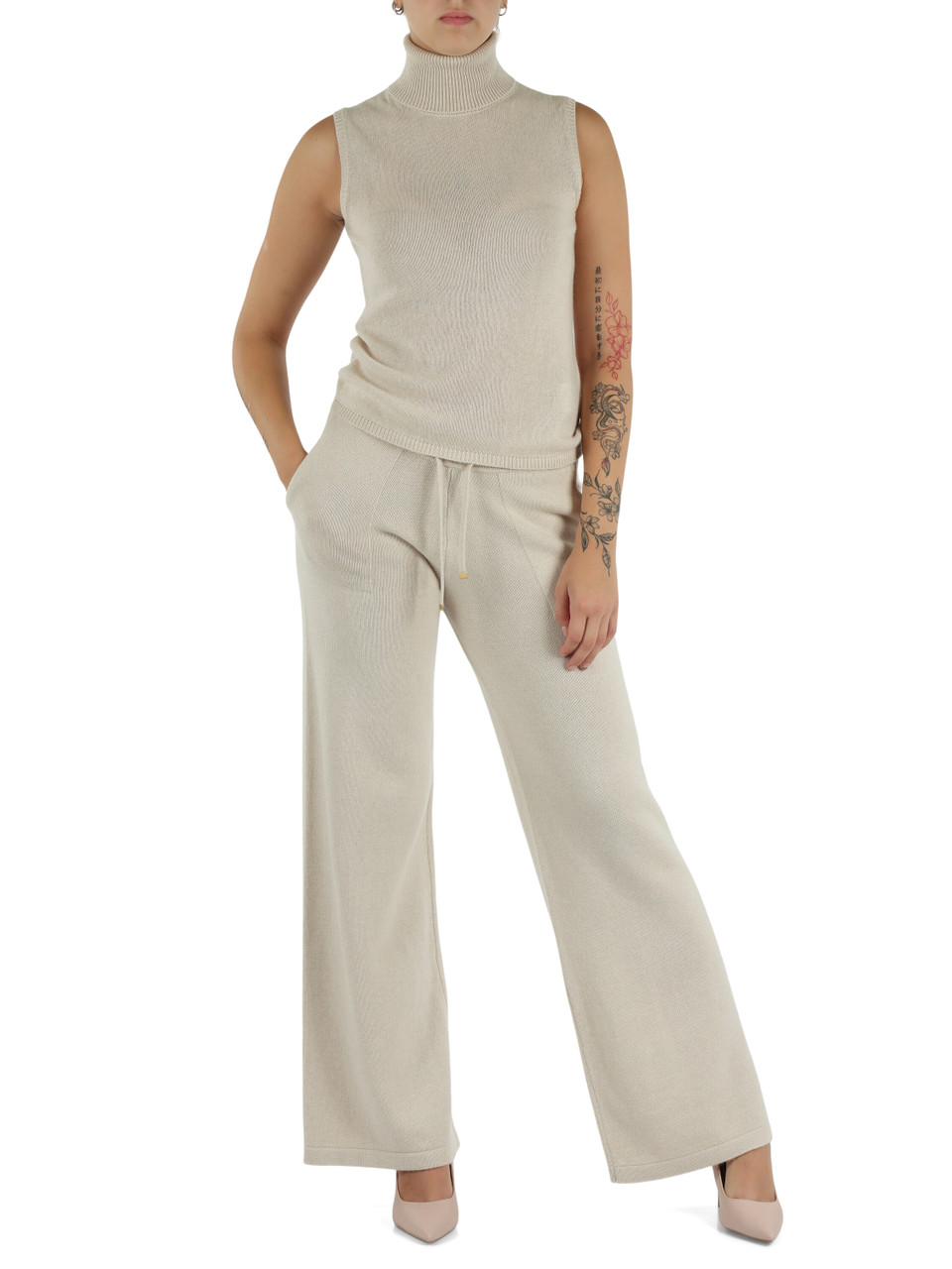 BEIGE | Pantaloni gamba larga in cashmere