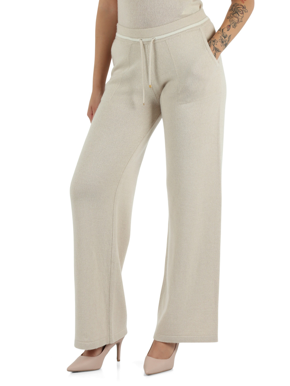 BEIGE | Pantaloni gamba larga in cashmere
