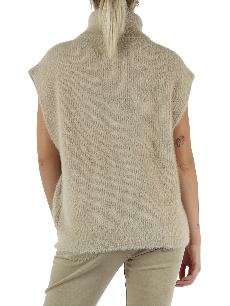 BEIGE | Pullover smanicato effetto hairy