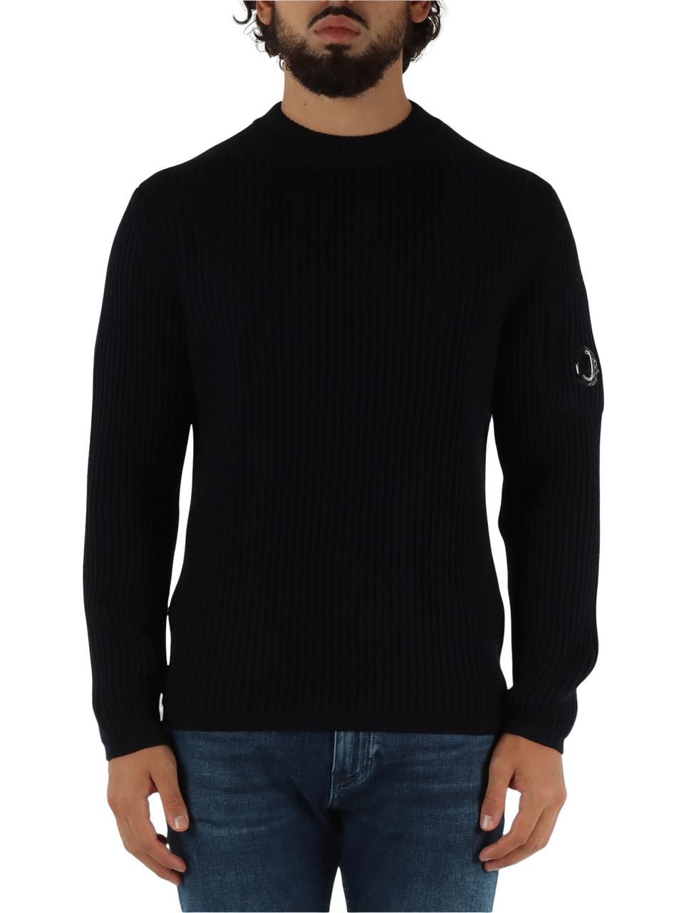 BLU SCURO | Maglia girocollo a coste in misto lana vergine