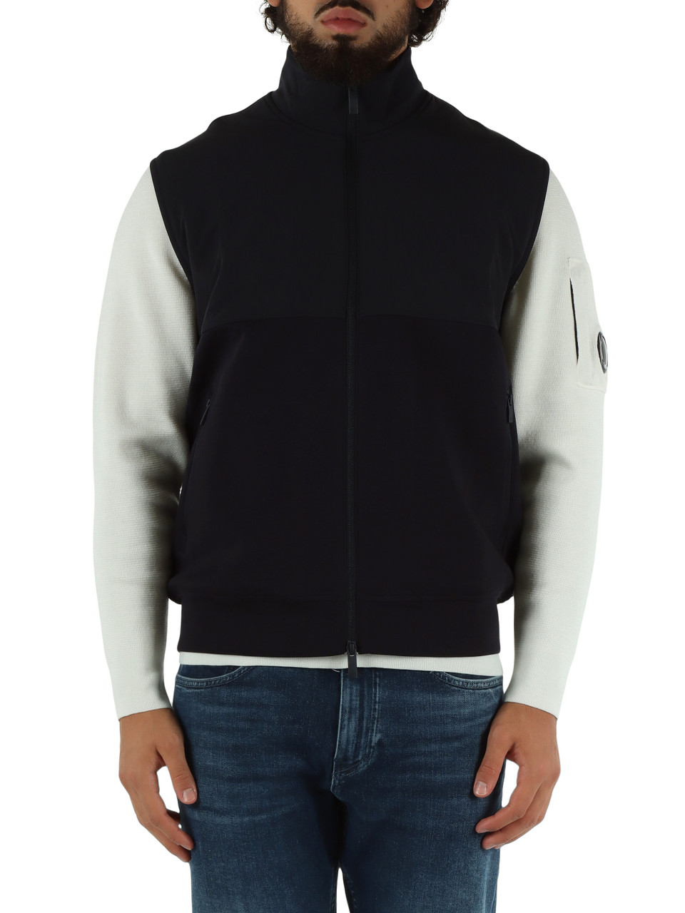 BLU SCURO | Felpa smanicata in misto cotone con inserti a contrasto