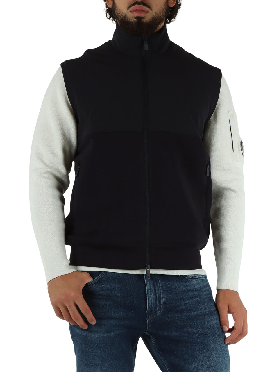 BLU SCURO | Felpa smanicata in misto cotone con inserti a contrasto