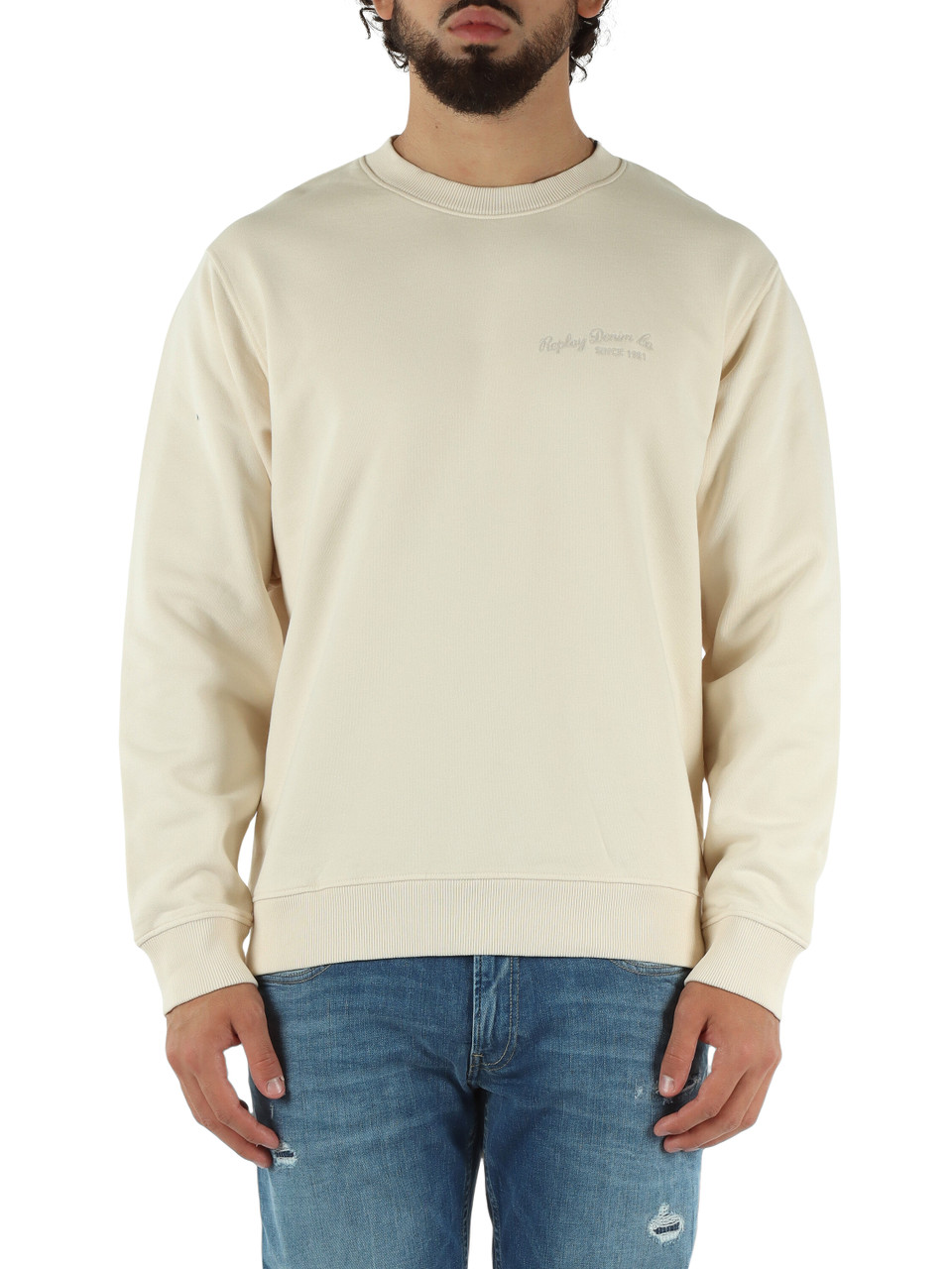 CREMA | Felpa girocollo con ricamo logo frontale