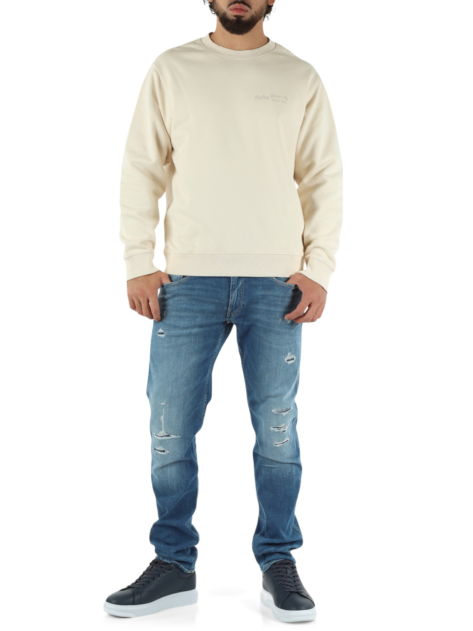 CREMA | Felpa girocollo con ricamo logo frontale