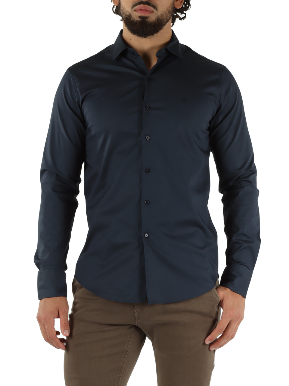 BLU SCURO | Camicia slim fit in cotone stretch con ricamo logo