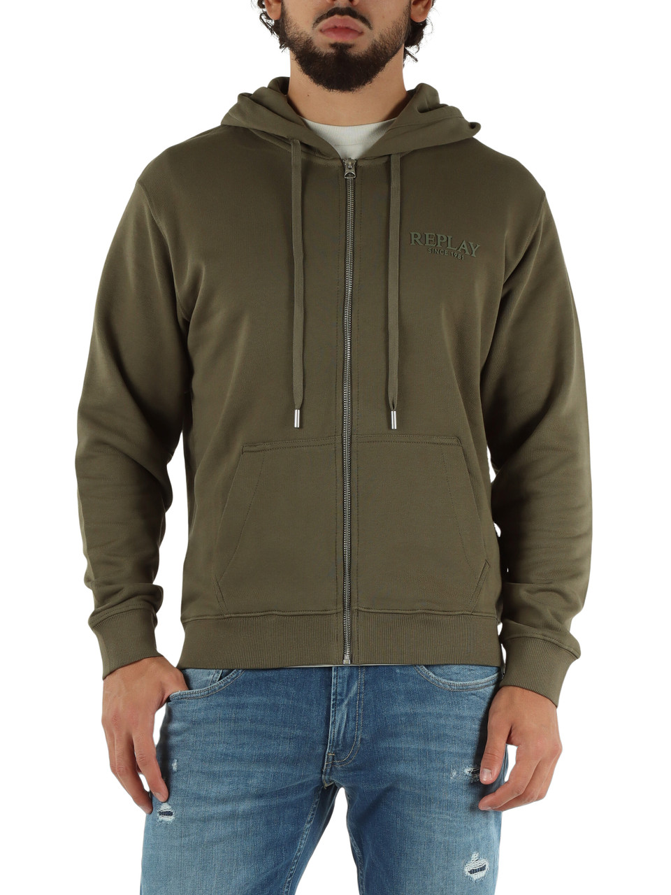 VERDE MILITARE | Felpa con cappuccio e zip in cotone garzato