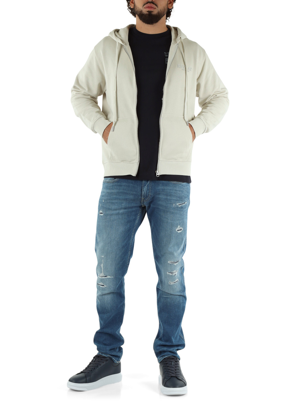 BEIGE | Felpa con cappuccio e zip in cotone garzato