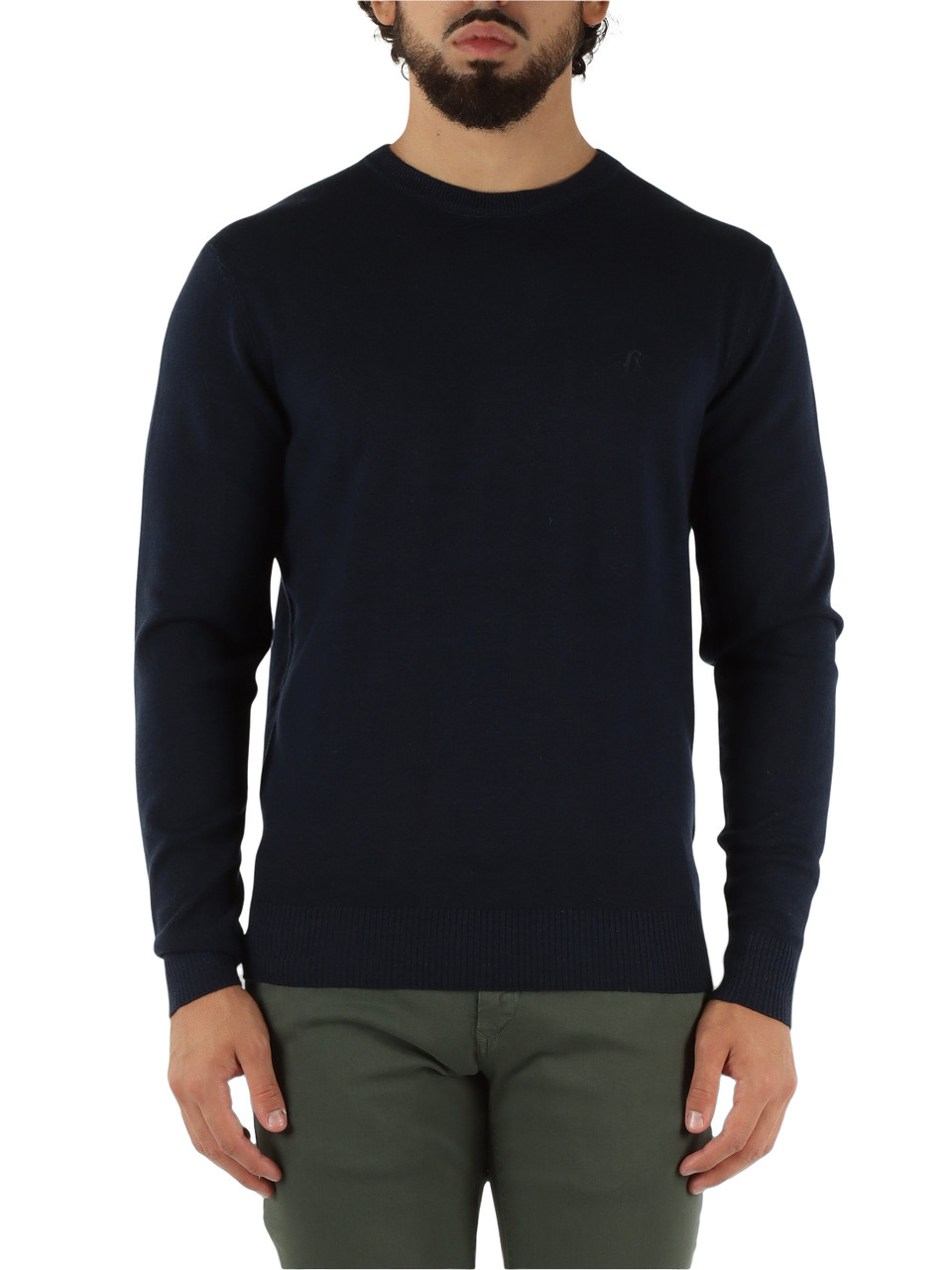 BLU SCURO | Maglia girocollo in misto lana con ricamo logo