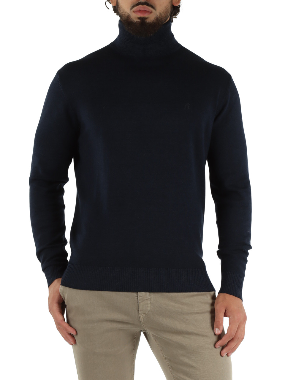 BLU SCURO | Maglia collo alto in misto lana con ricamo logo