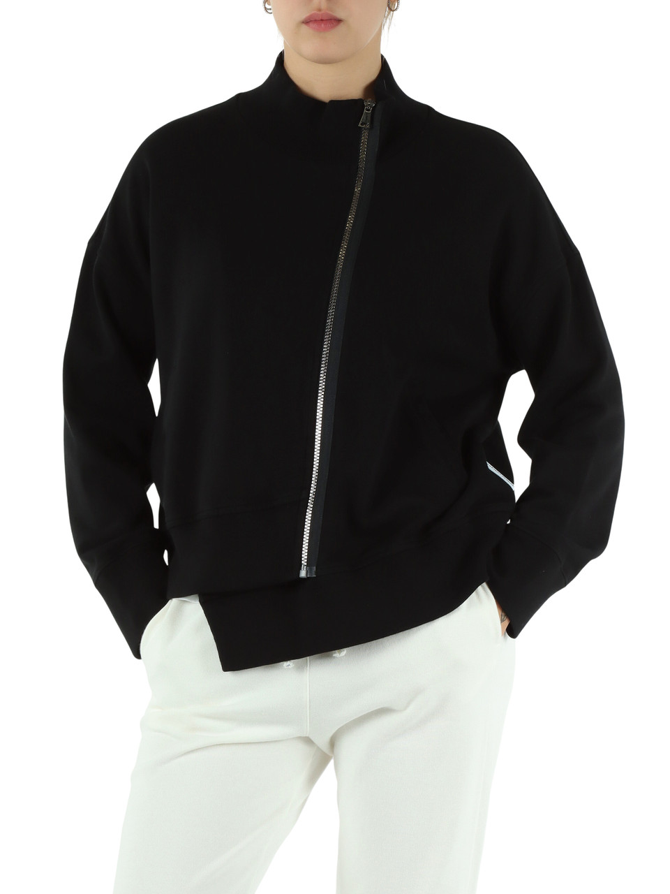 NERO | Felpa con zip decentrata e fondo asimmetrico
