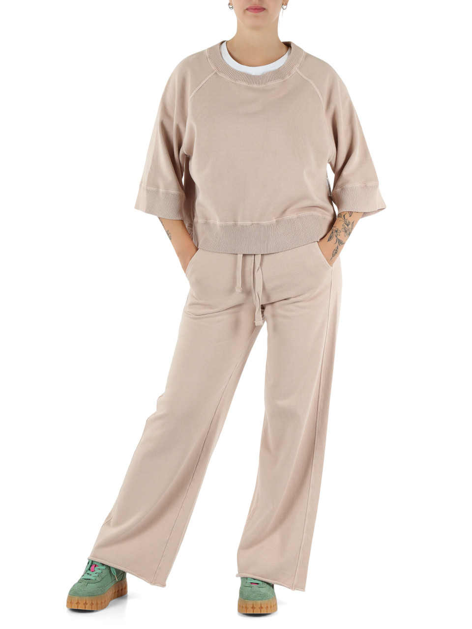 BEIGE | Pantaloni sportivi effetto slavato in cotone felpato