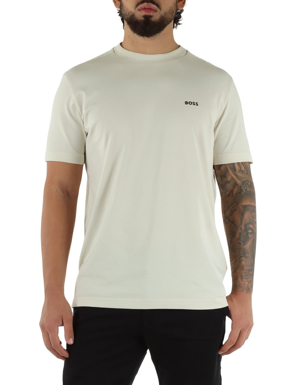 BEIGE | T-shirt in cotone stretch con scritta logo a rilievo