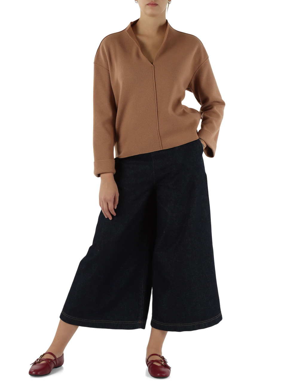 CAMMELLO | Maglia collo a V in panno di misto lana vergine