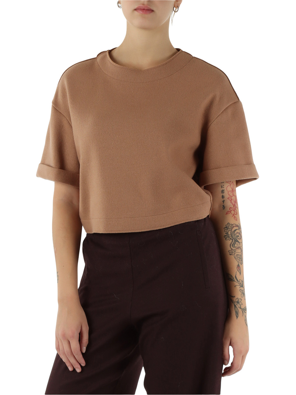 CAMMELLO | Maglia cropped in panno di misto lana vergine