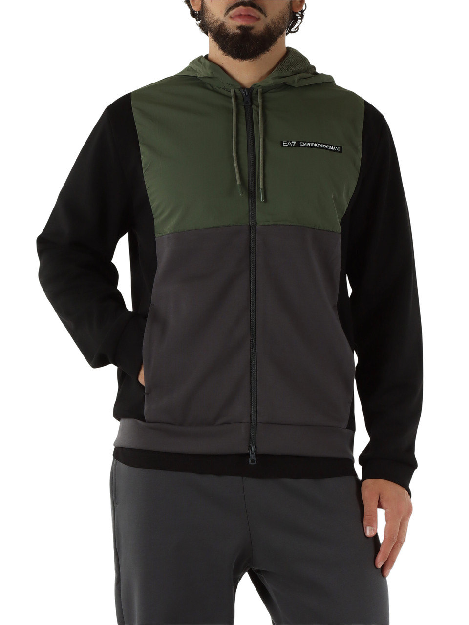 VERDE | Felpa con zip regular fit con inserti in tessuto tecnico