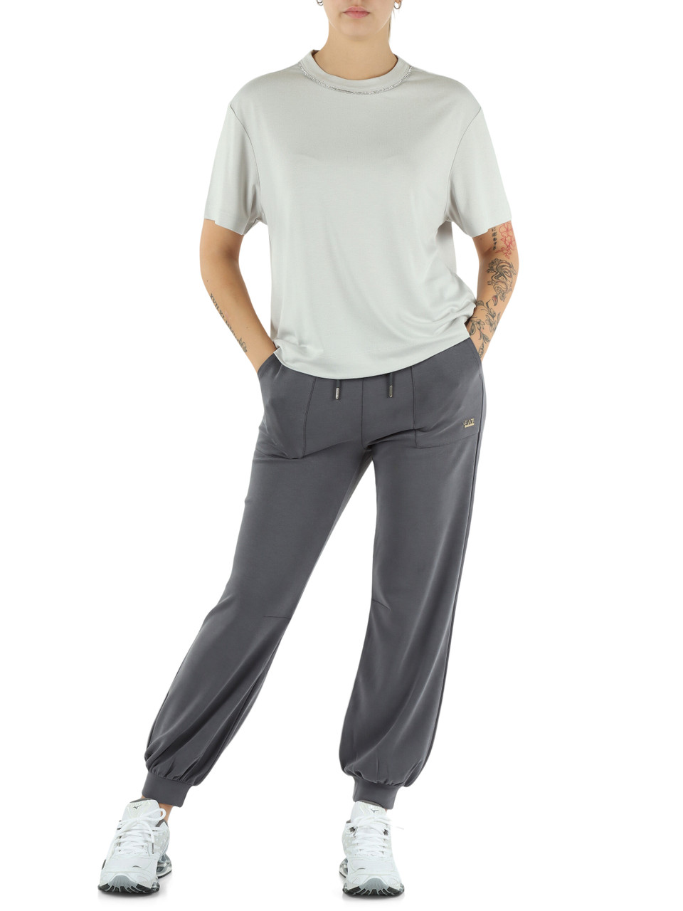 HELLGRAU | T-Shirt aus Viskosemischung mit Strass-Detail