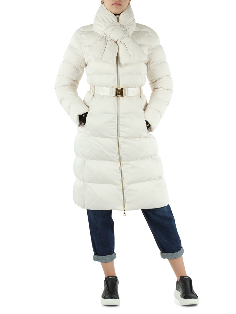 SAHNE | Langer gesteppten Mantel mit Gürtel und Logomuster