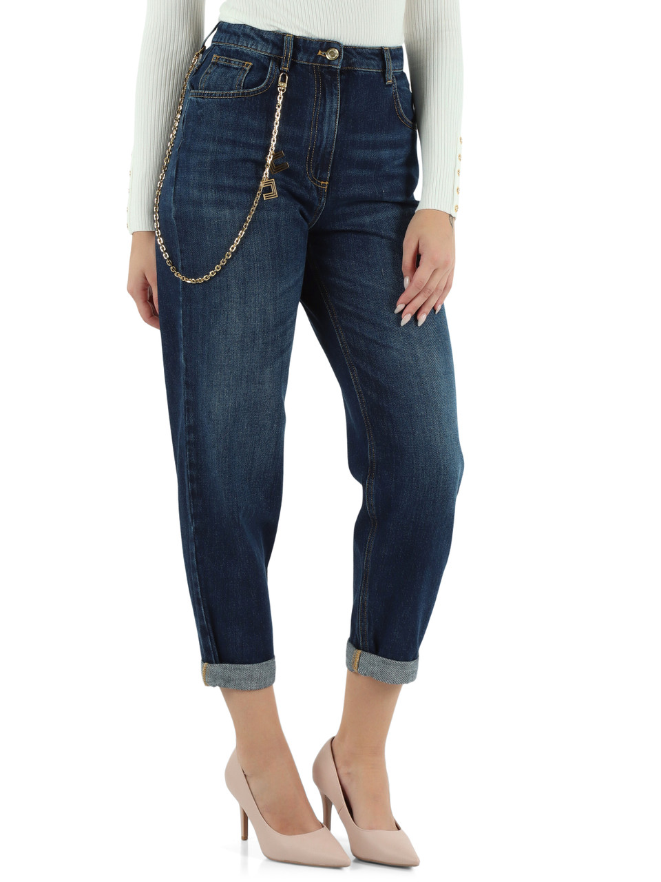 BLU | Pantalone jeans cinque tasche con catena logo