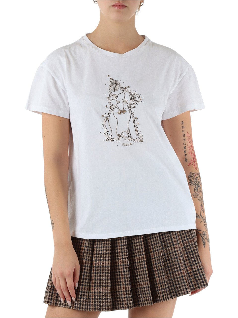 WEISS | Baumwoll-T-Shirt mit Strass-Logo