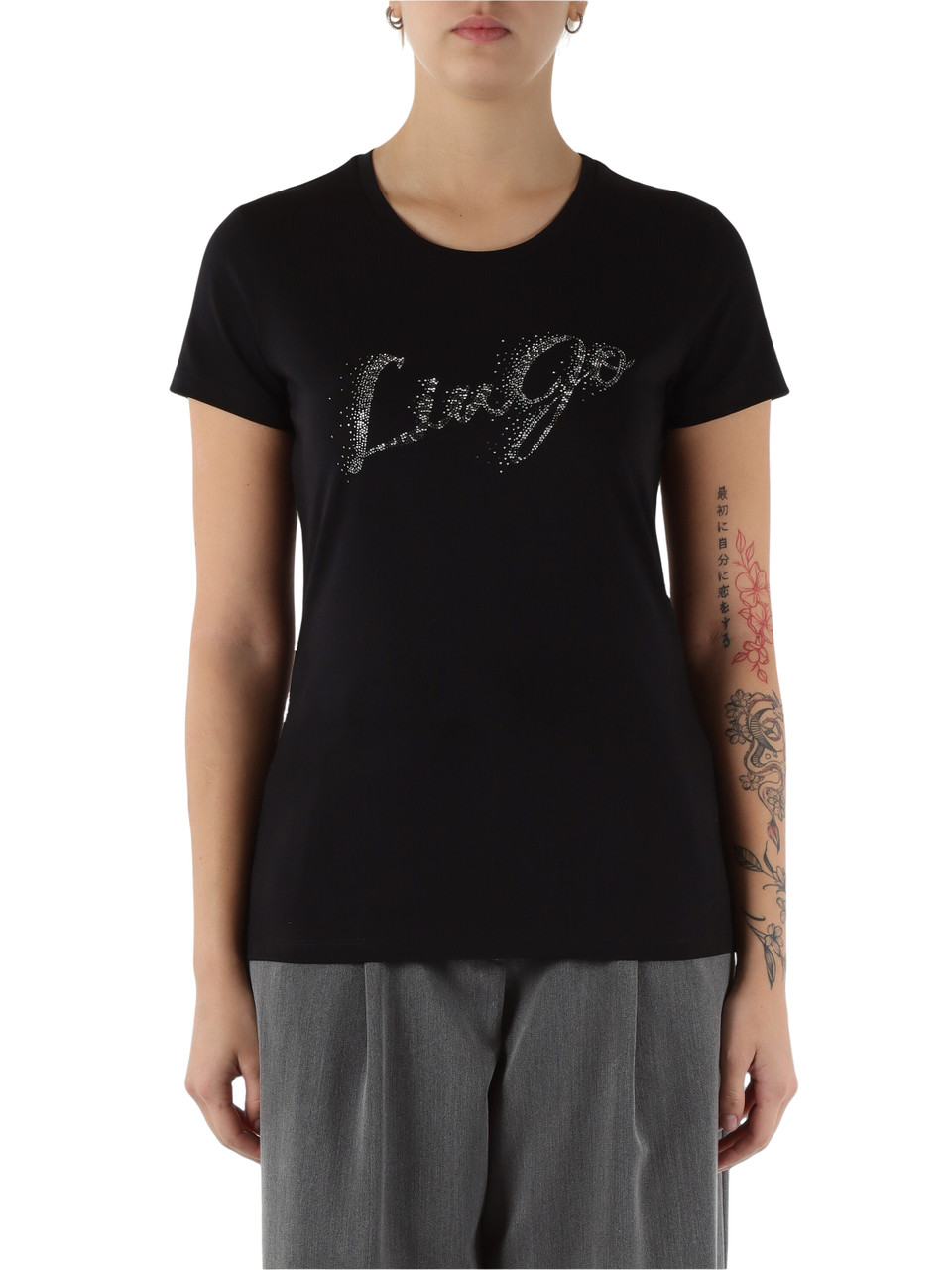 NERO | T-shirt in cotone con logo in strass