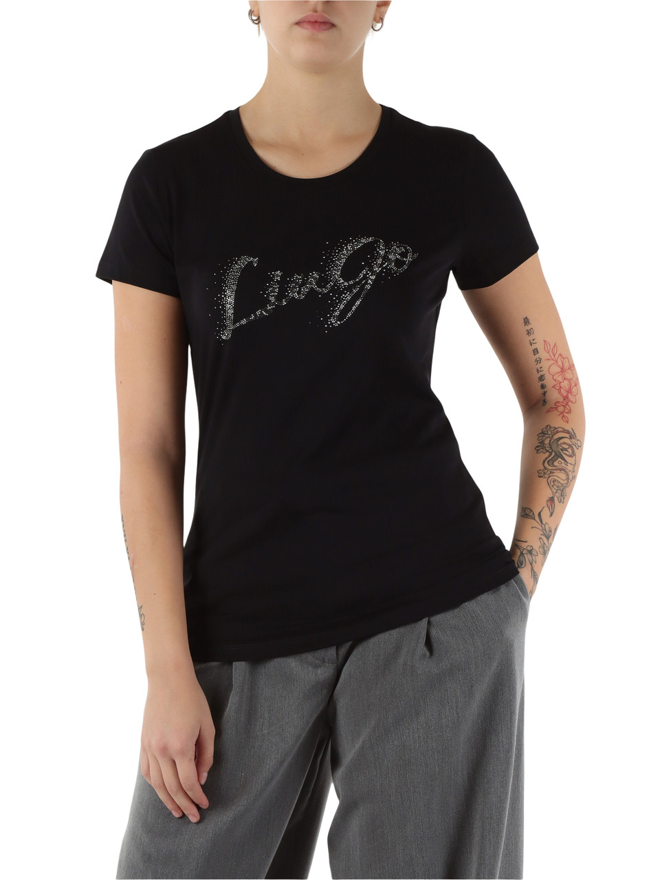 NERO | T-shirt in cotone con logo in strass