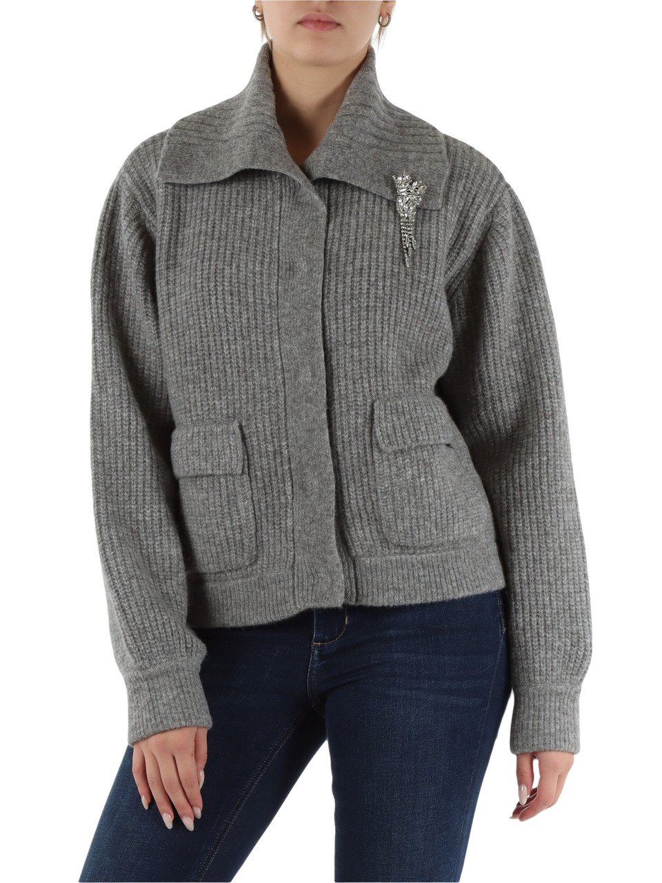 GRIGIO | Cardigan in misto lana con spilla rimovibile
