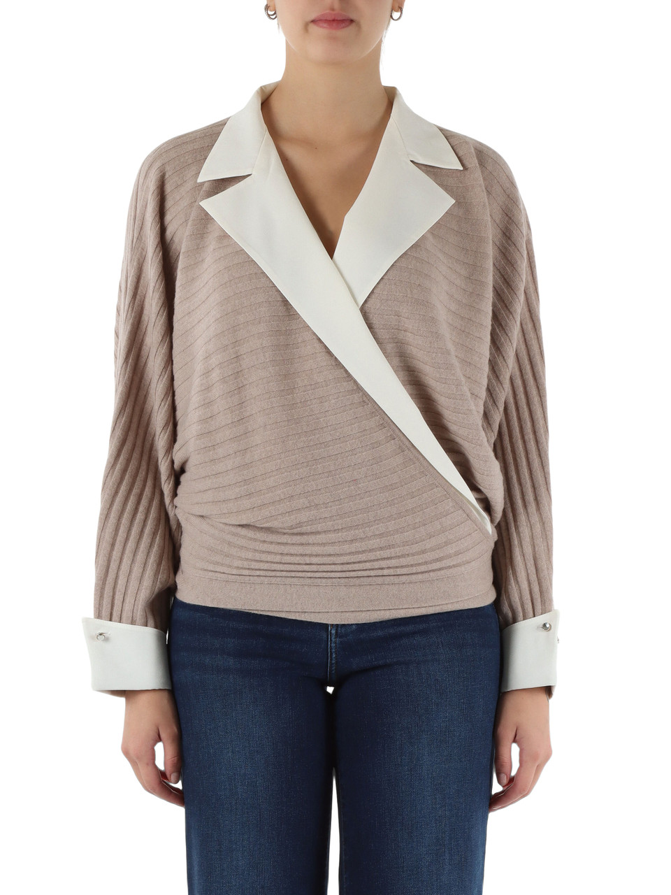 BEIGE | Cardigan a portafoglio in lana e cashmere