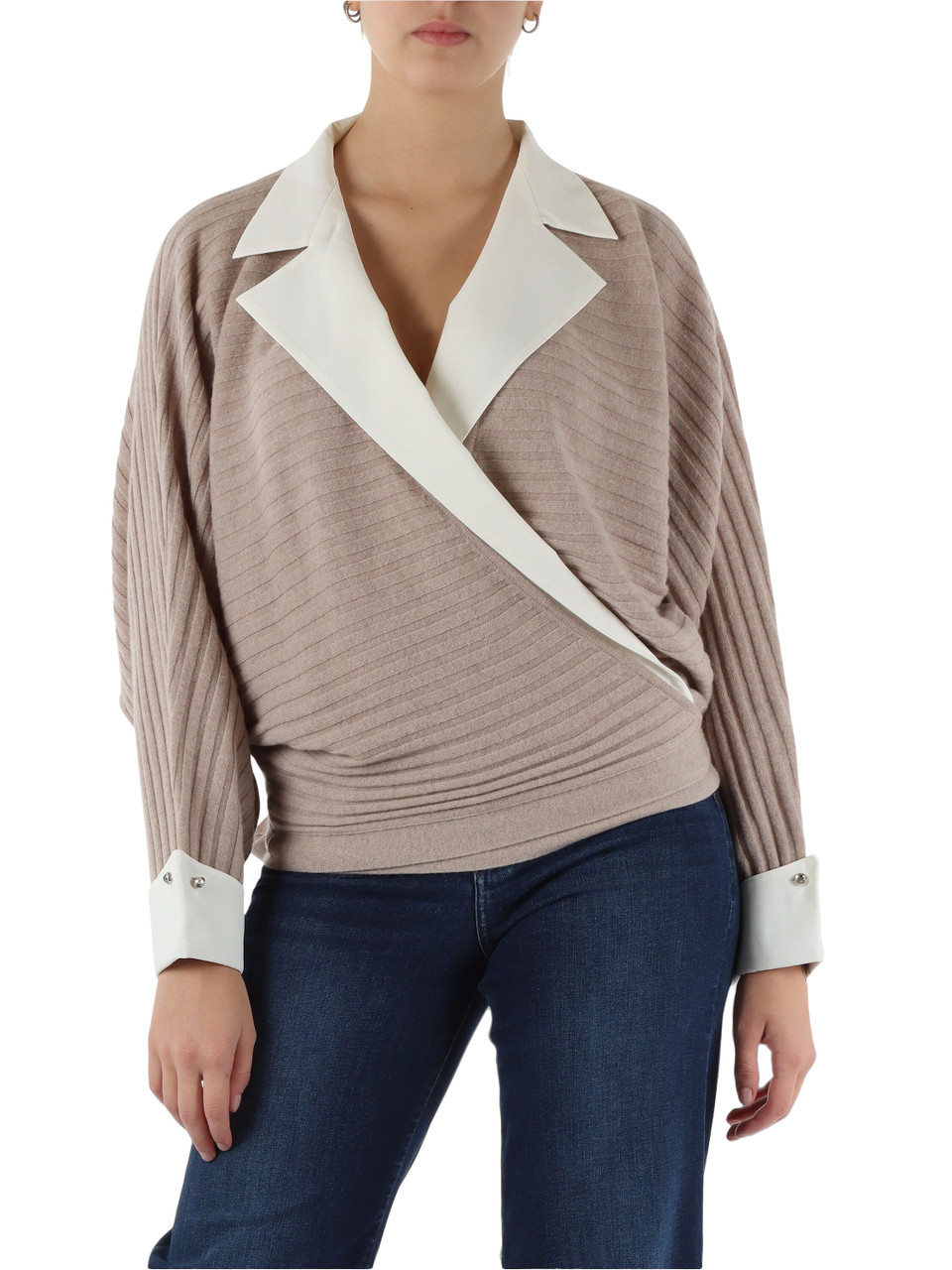 BEIGE | Cardigan a portafoglio in lana e cashmere