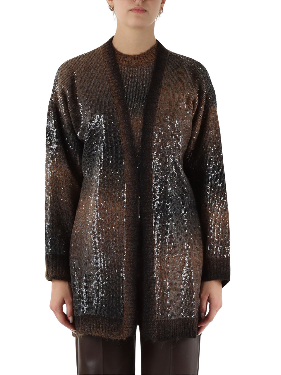 MARRONE | Cardigan in misto lana con micro paillettes