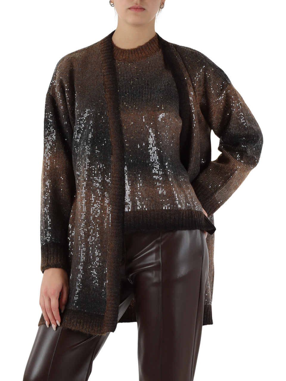 MARRONE | Cardigan in misto lana con micro paillettes