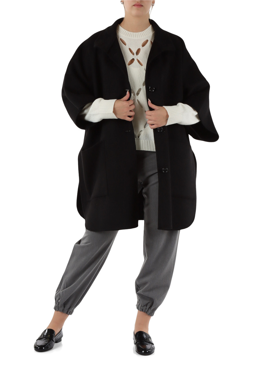 NERO | Cappotto in panno di misto lana con cintura