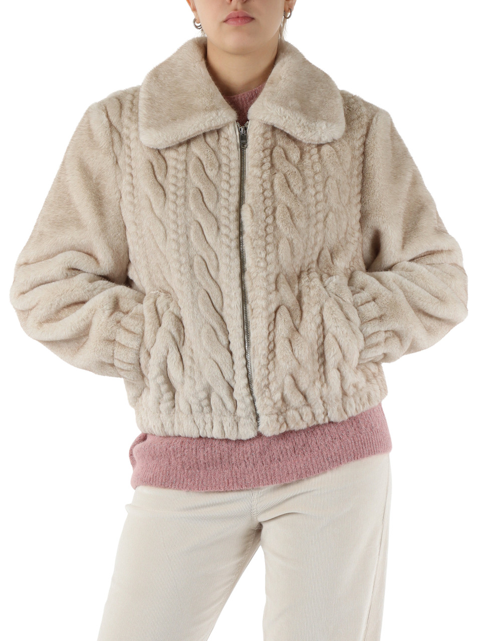 BEIGE | Giacca in ecopelliccia con motivo decorativo