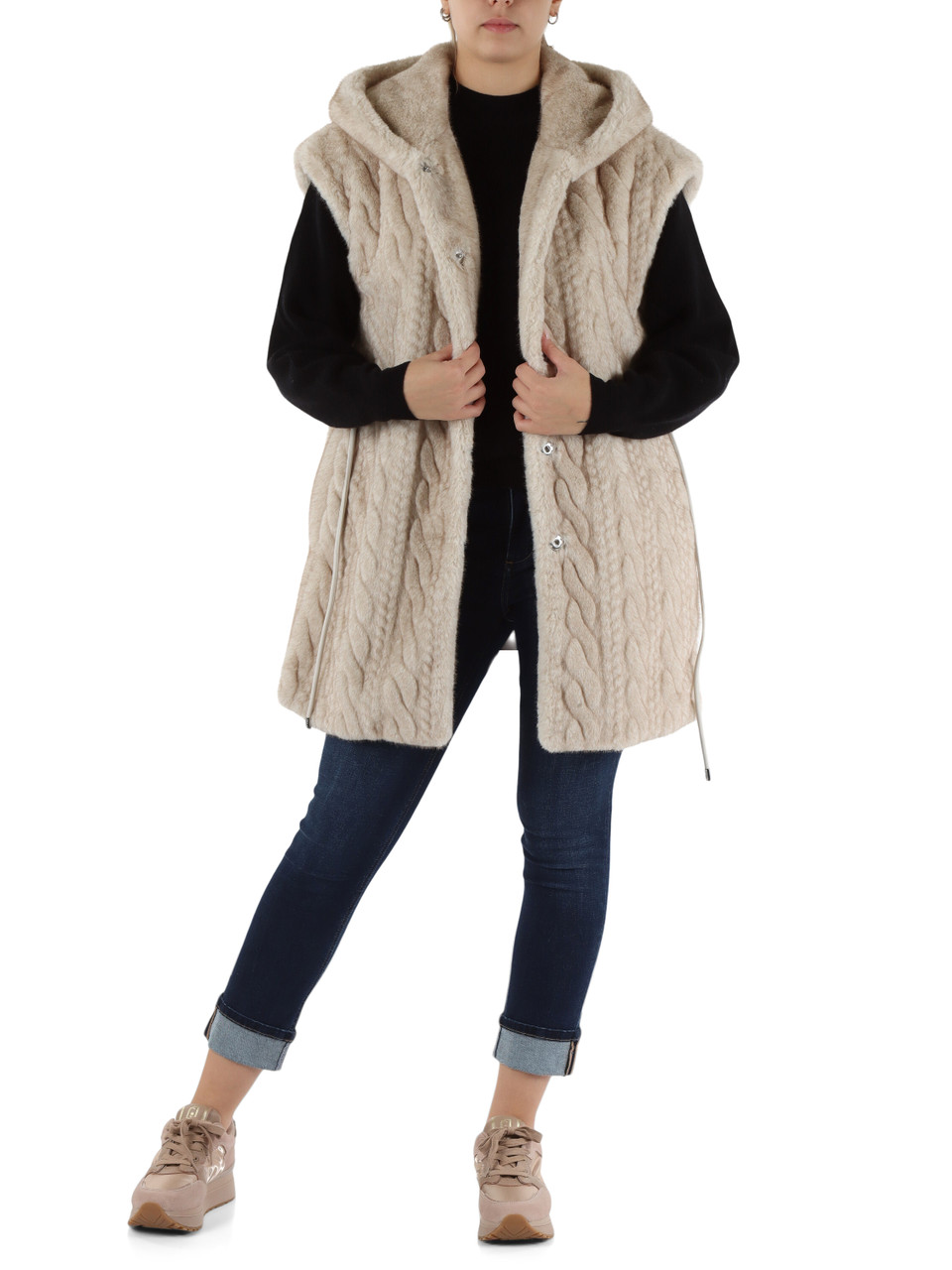 BEIGE | Ecopelliccia smanicata con cappuccio