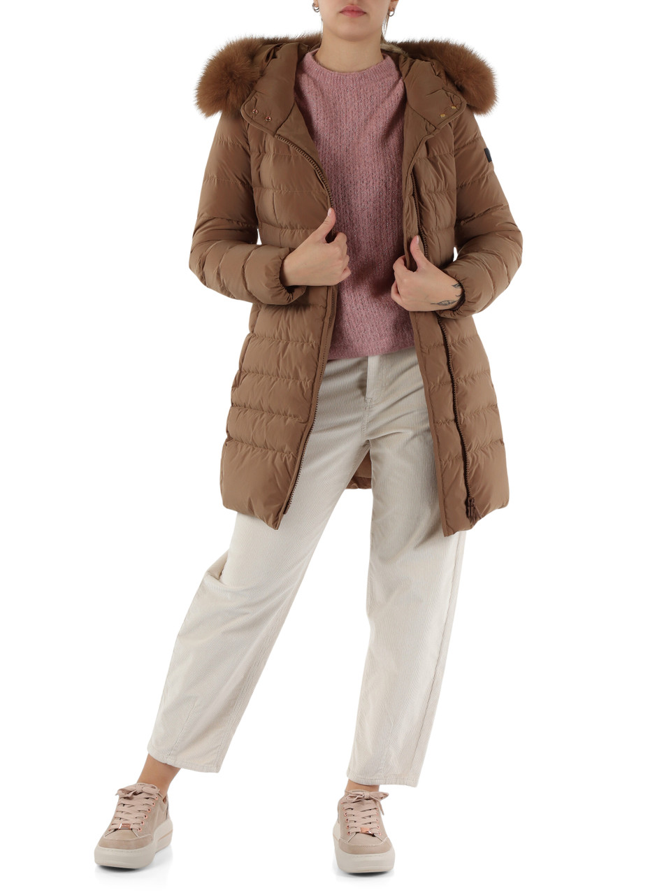 MARRONE CHIARO | Piumino trapuntato con cappuccio SERIOLA ML 06 FUR