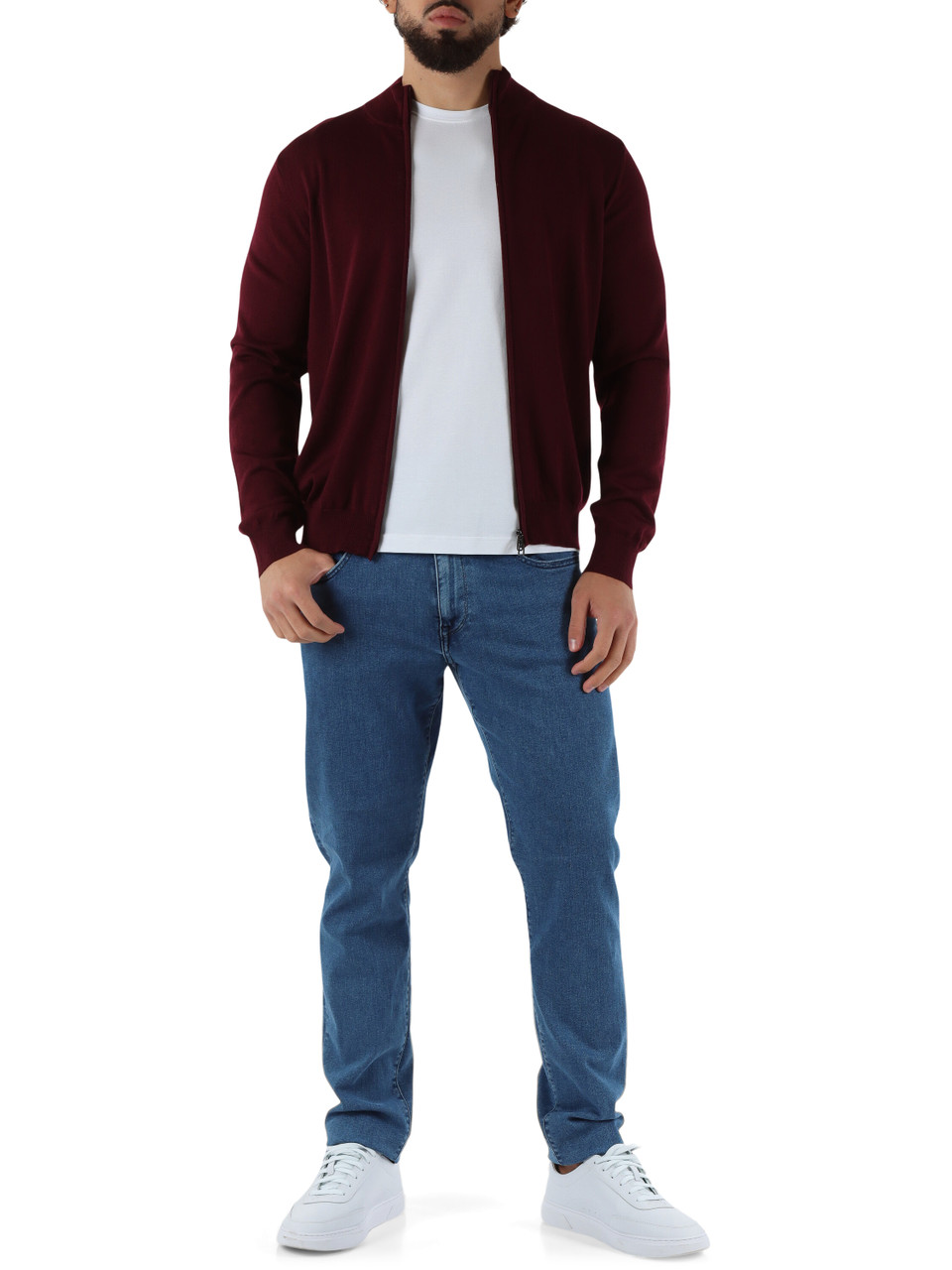 BORDEAUX | Cardigan con zip in lana merino extrafine