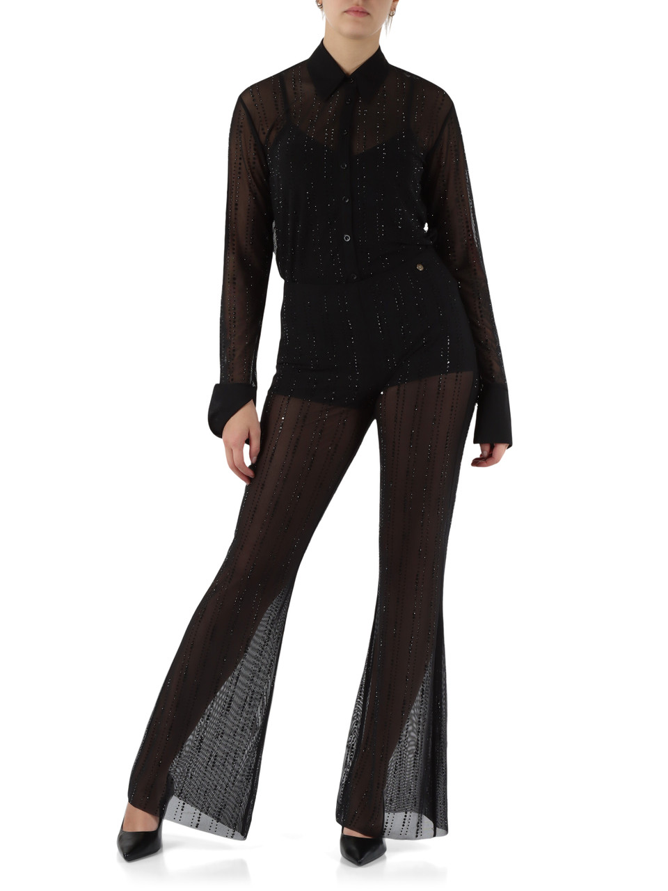 NERO | Pantalone in tulle con strass