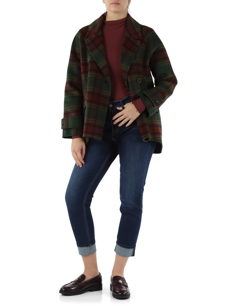 VERDE SCURO | Cappotto a quadri in misto lana