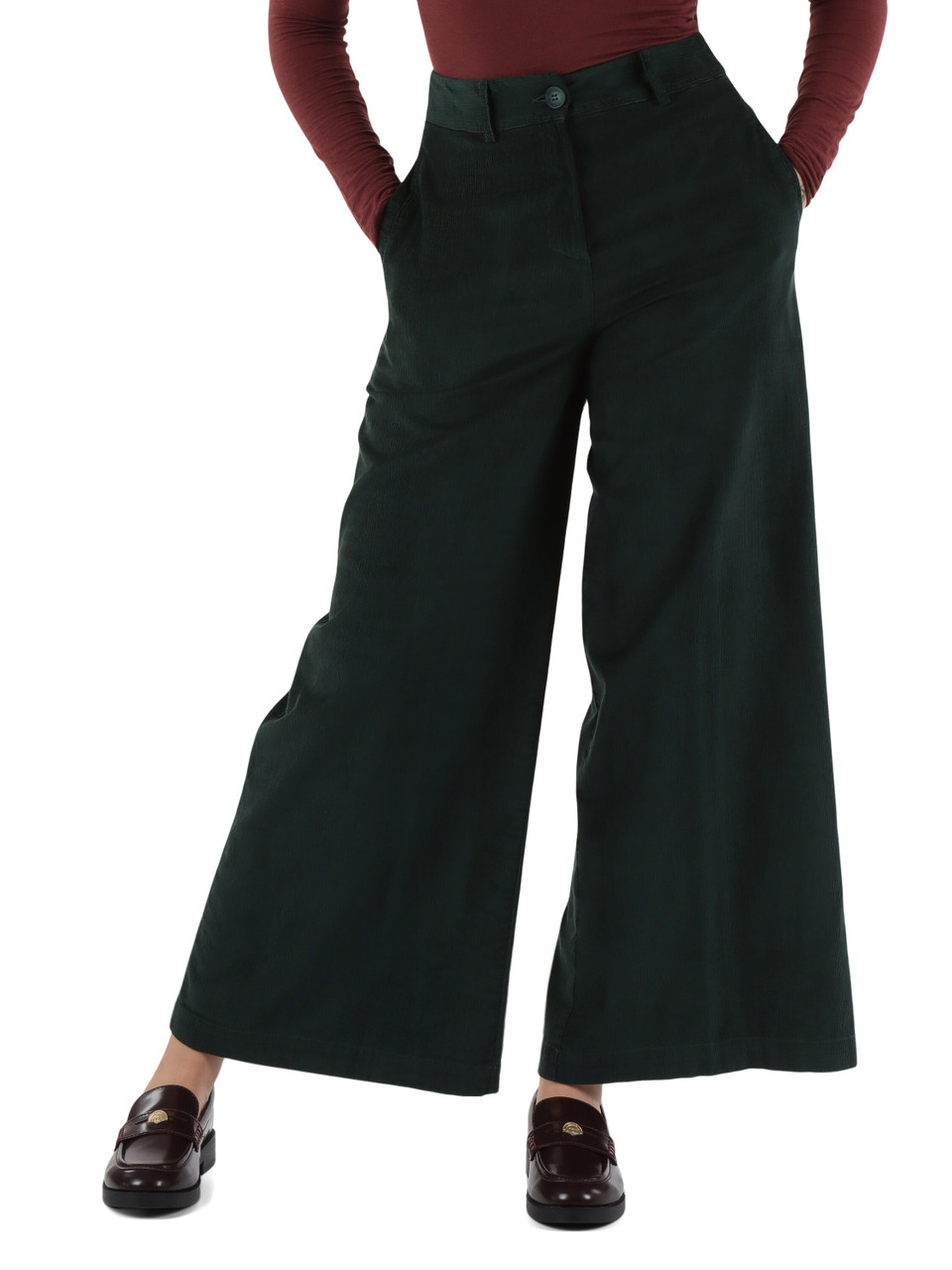VERDE SCURO | Pantalone gamba larga in velluto