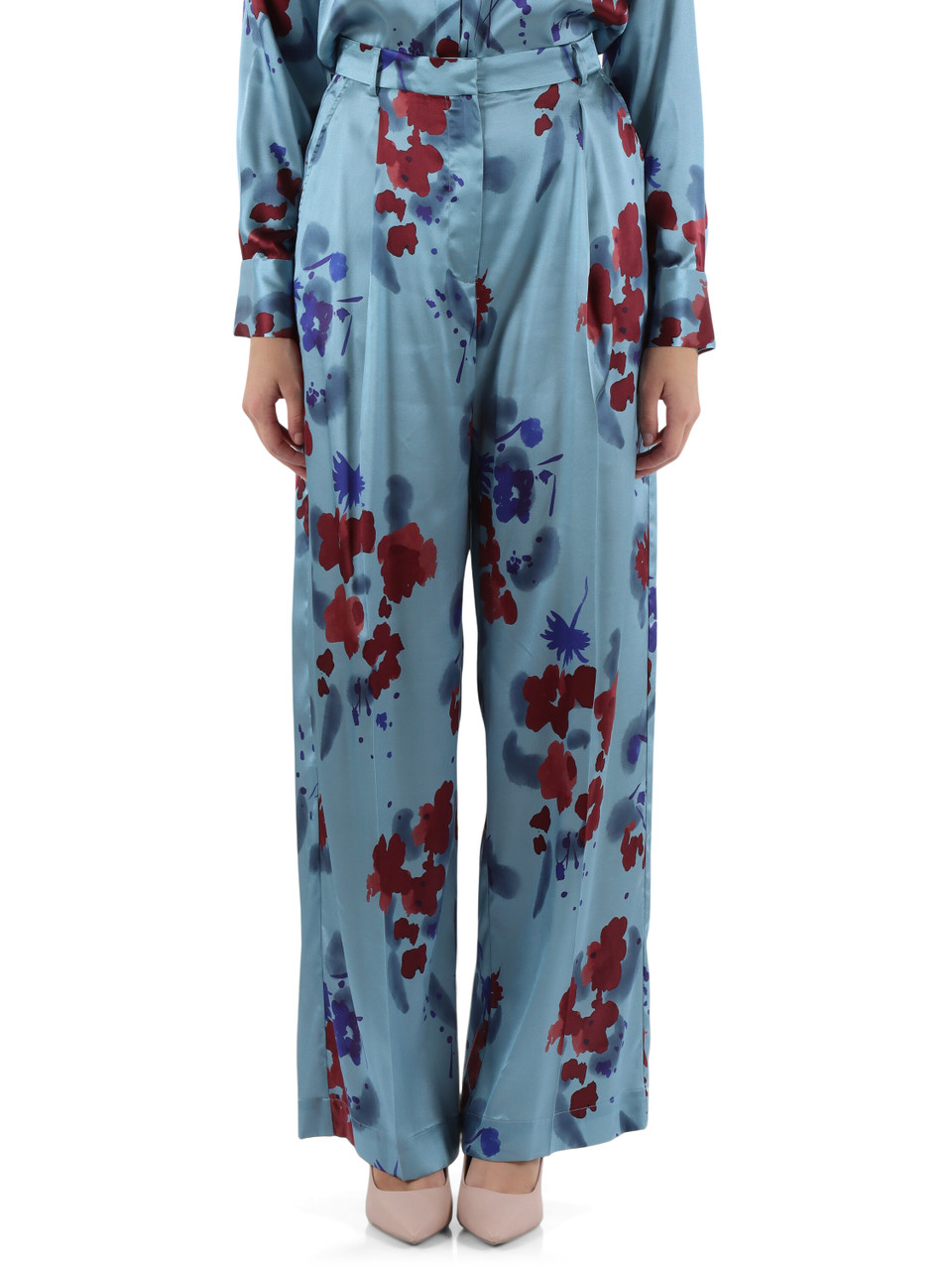 AZZURRO | Pantaloni in seta stretch con motivo floreale