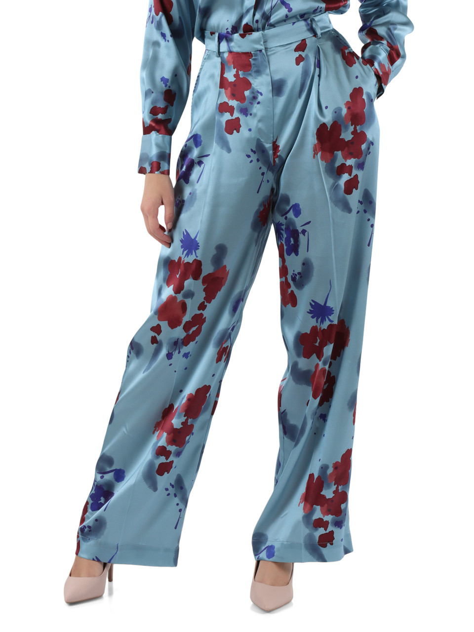 AZZURRO | Pantaloni in seta stretch con motivo floreale
