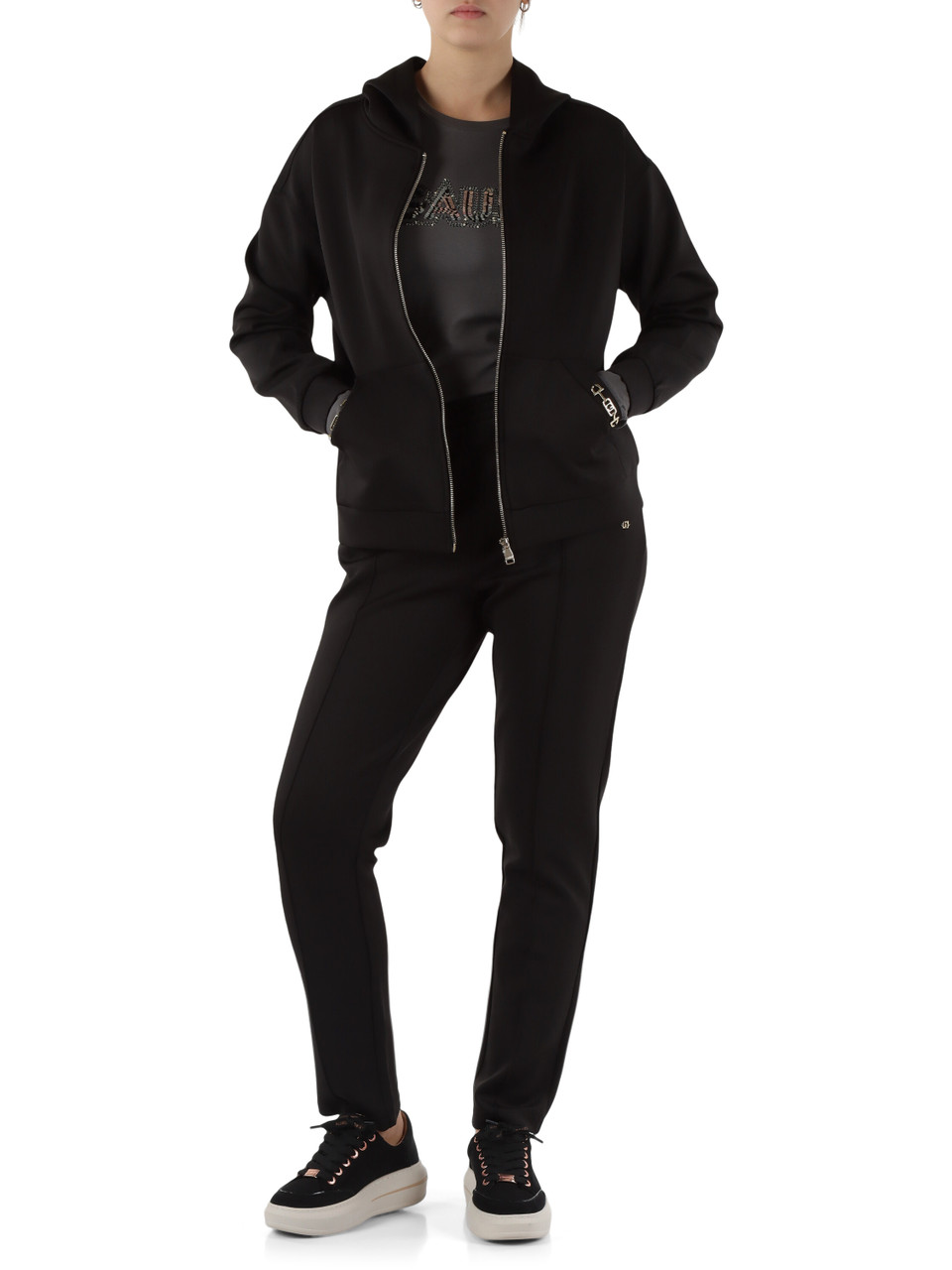 NERO | JEANS: Felpa in tessuto stretch con zip e cappuccio